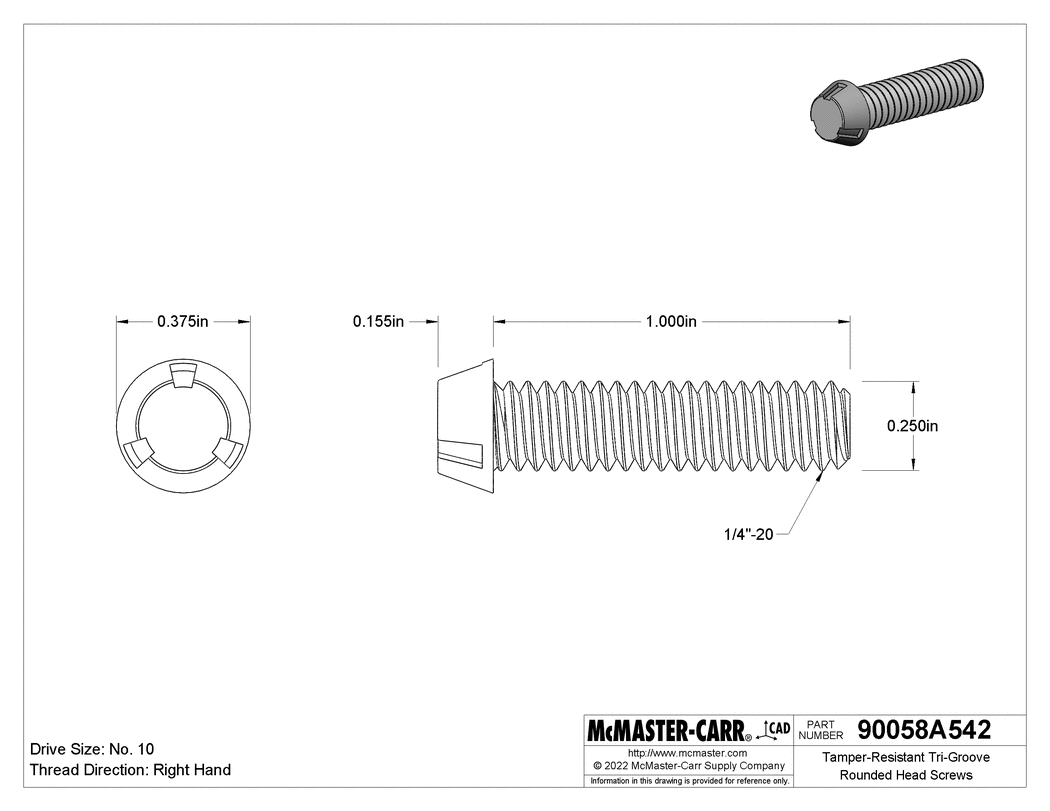 Technical Drawing of Tamper-Resistant Tri-Groove Rounded Head Screws, 1/4"-20 Thread Size, 1" Long.